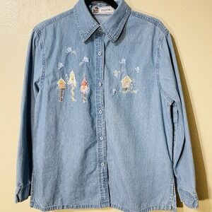 Passion Embroidered Denim Shirt Long Sleeve Cottagecore Country Women's Sz M/L